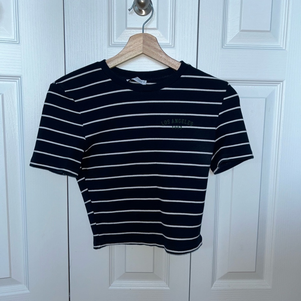 Striped Navy and White Cropped Knit T-Shirt